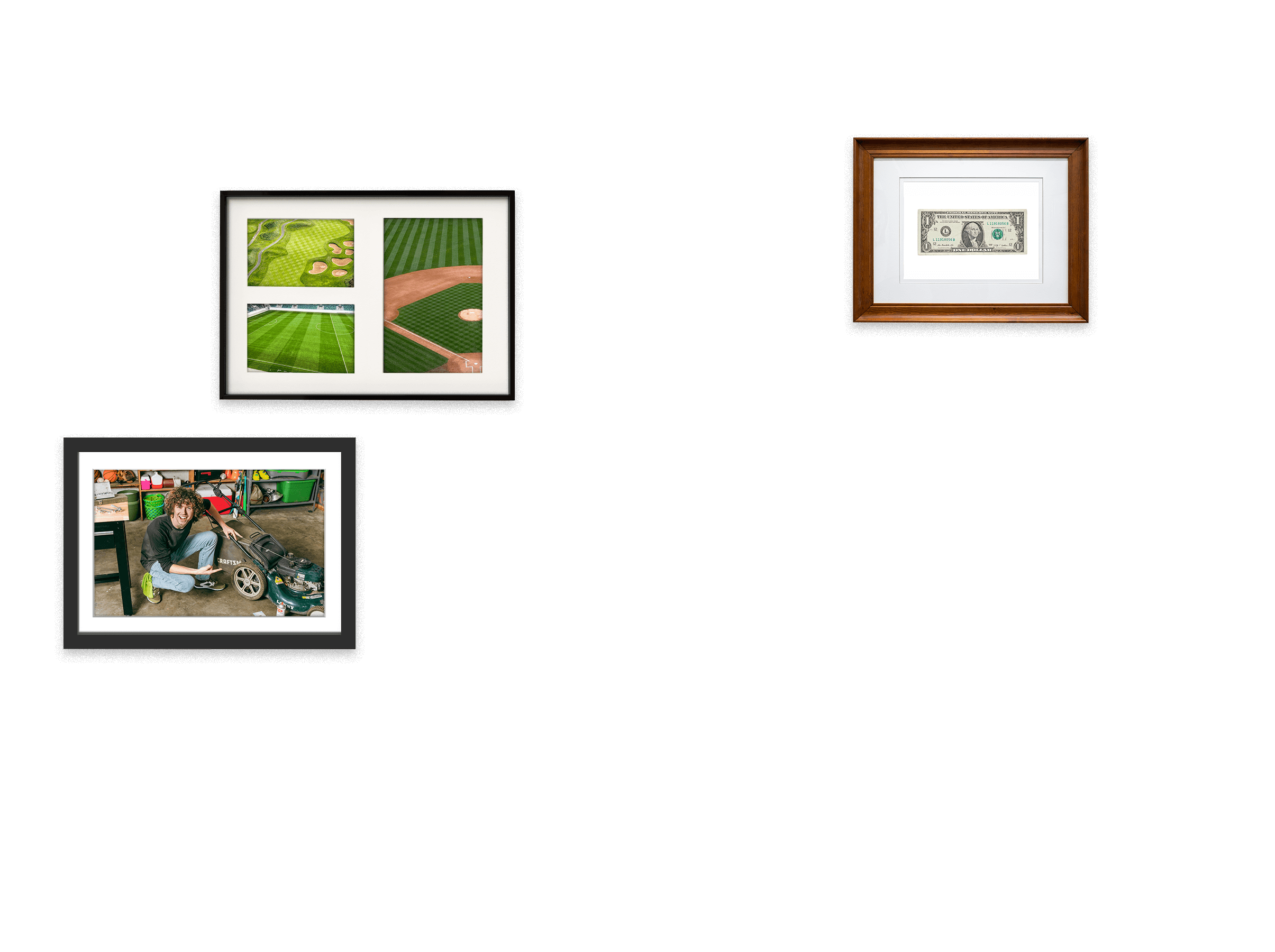 Framed photos of boy with his lawnmower, a golf course, soccer pitch, and baseball stadium