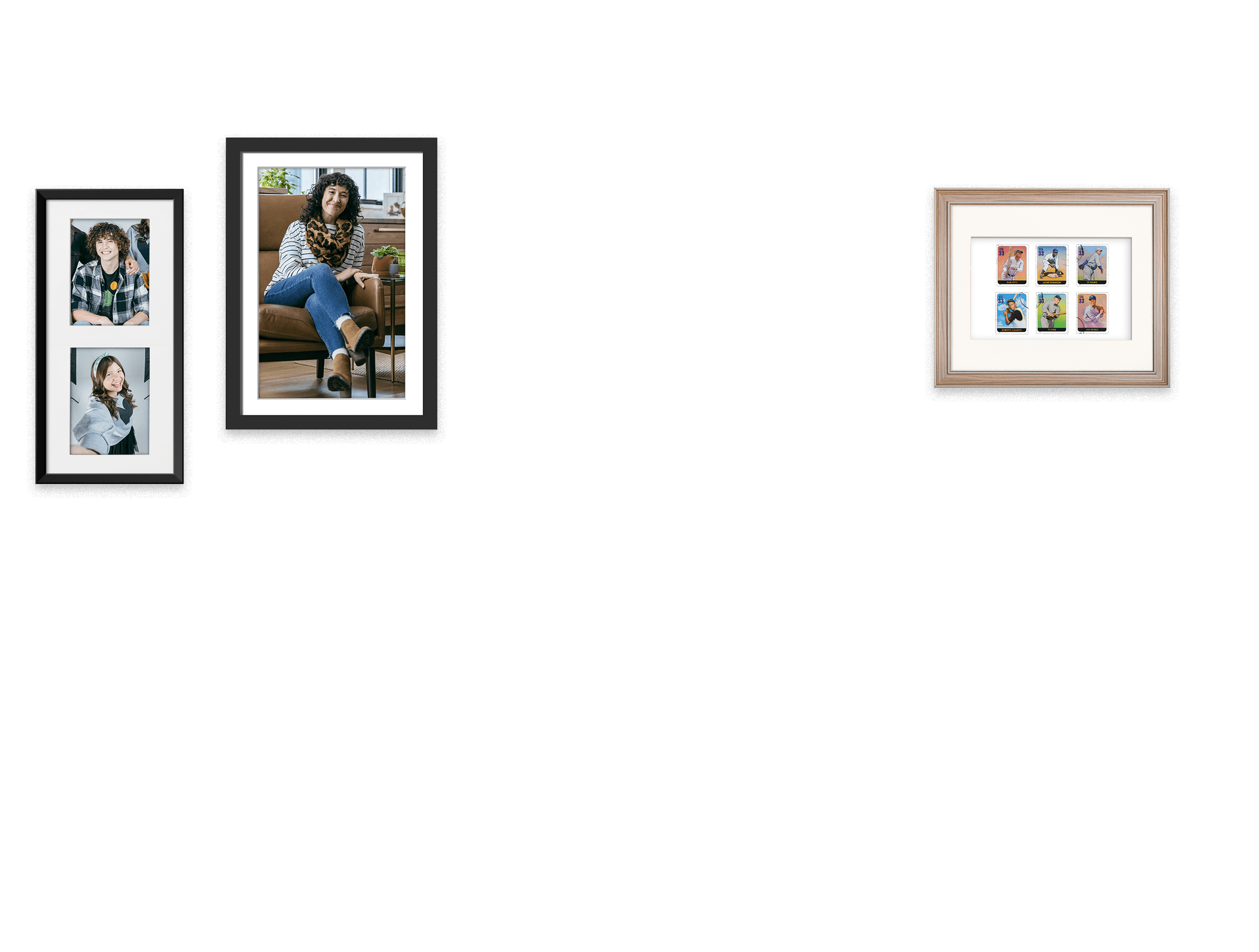 Picture frames with family, kids, and collector baseball cards
