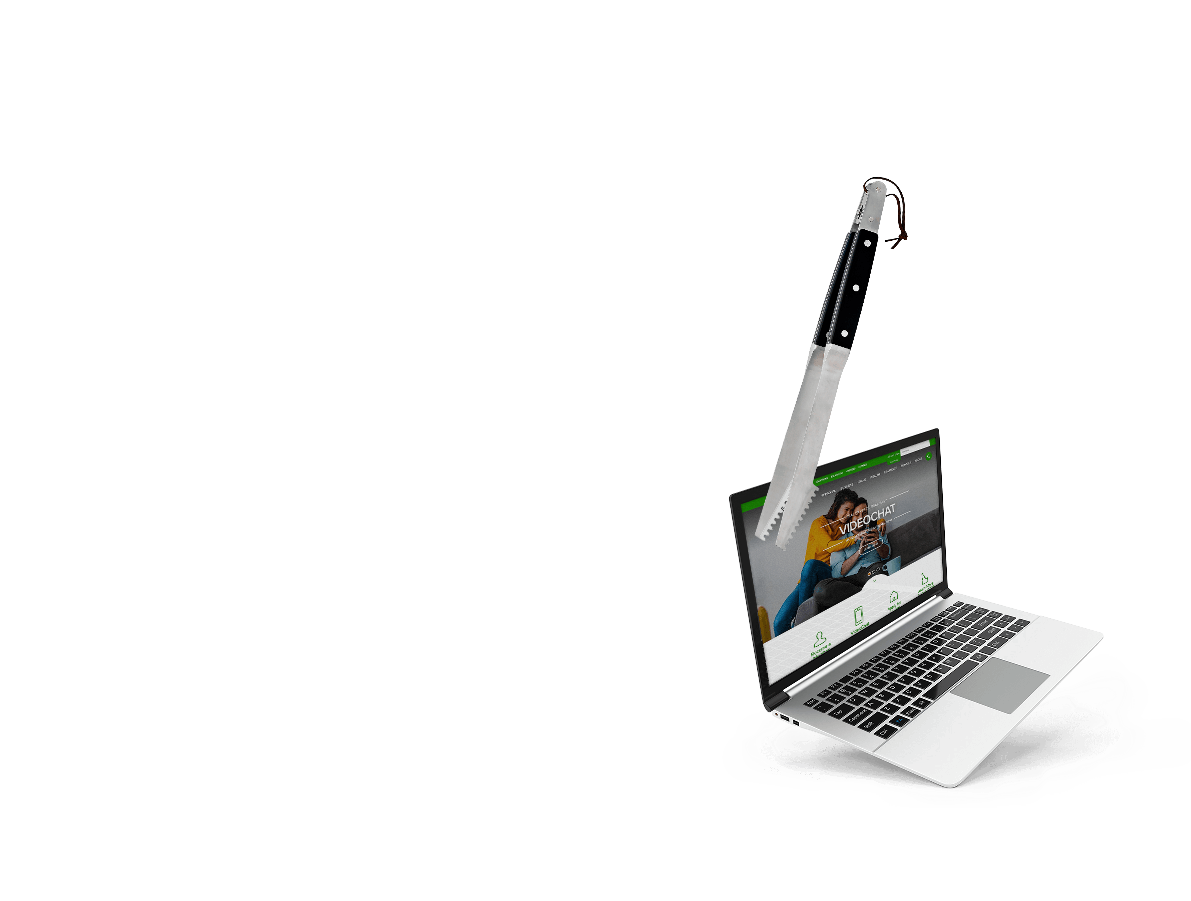 Floating elements, BBQ tongs and laptop with video chat website page