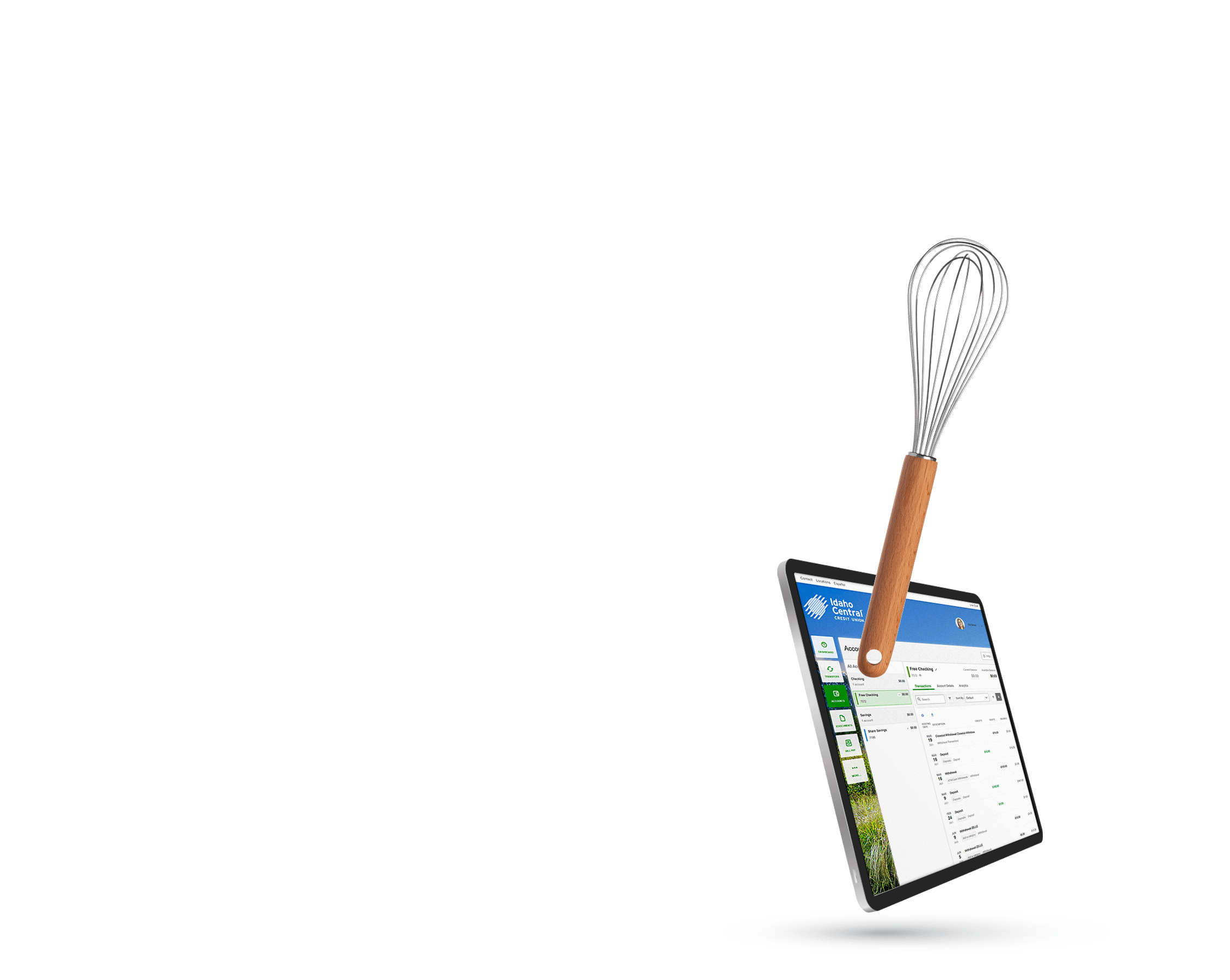 Floating objects, tablet with ICCU mobile banking interface and a whisk