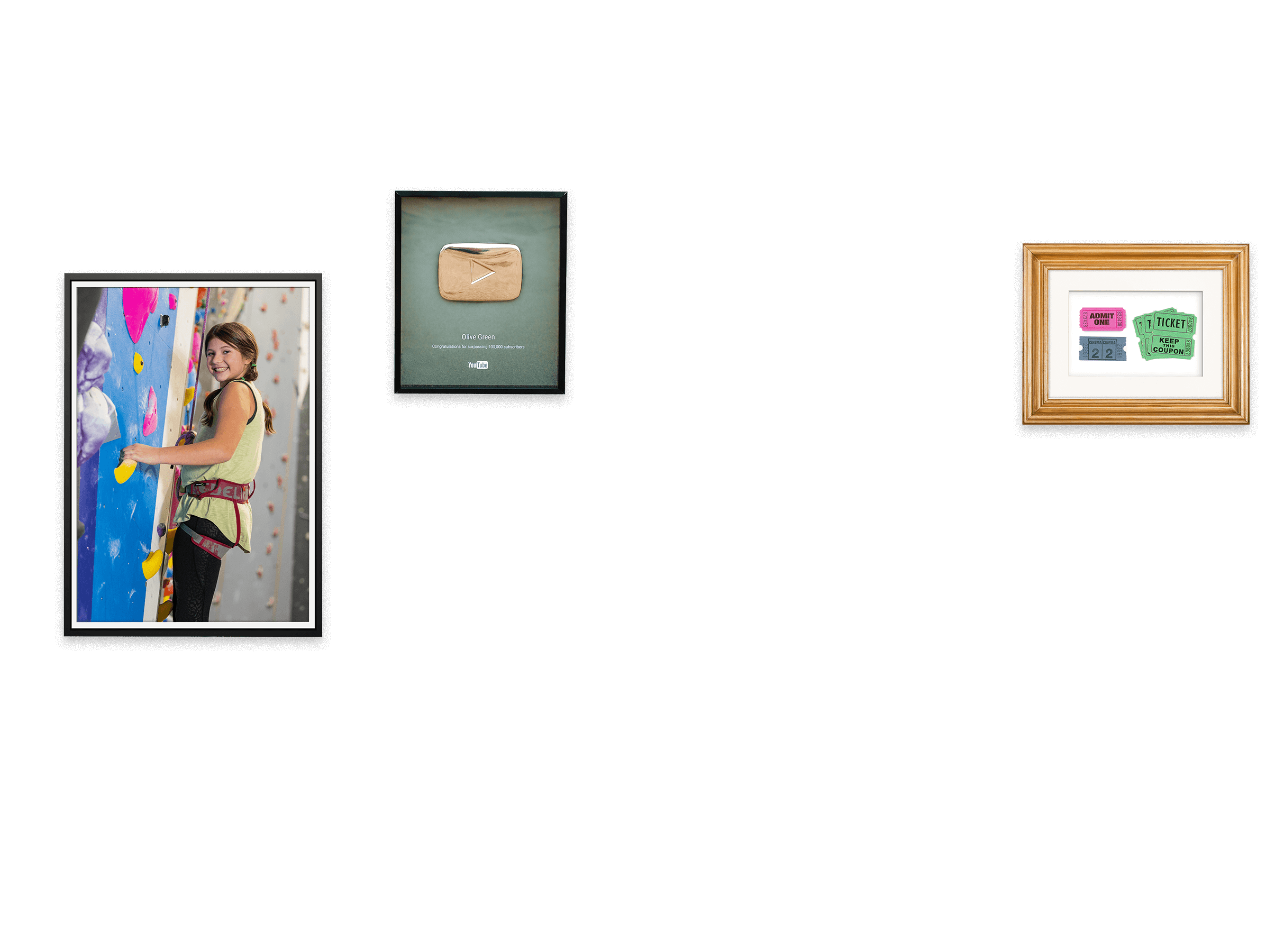 Framed photos of the girl climbing an indoor rock wall, a YouTube award, and framed ticket stubs
