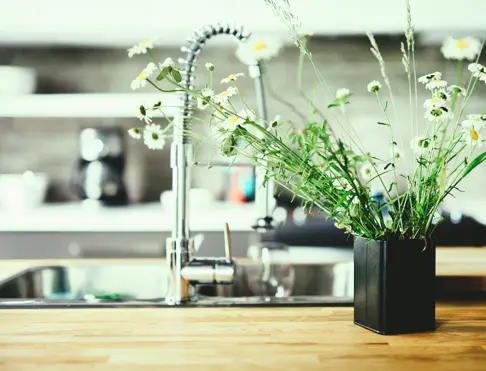 Flowers on kitchen table near sink