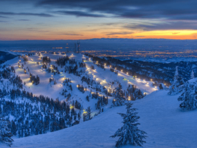 a ski resort at sunset