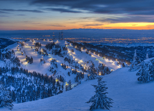 a ski resort at sunset