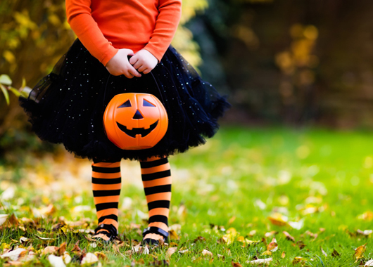 Little girl in witch costume playing in autumn park. Child having fun at Halloween trick or treat. Kids trick or treating. Toddler kid with jack-o-lantern. Children with candy bucket in fall forest.