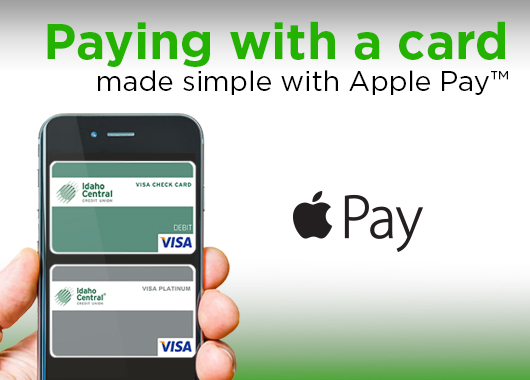 Phone with ICCU debit and credit cards on screen. Promoting Apple pay features.