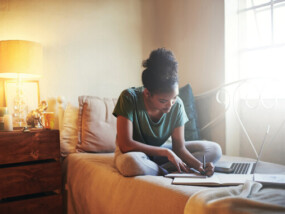 college student studying in dorm