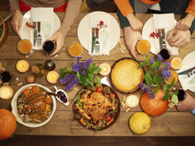 Directly above view of different dishes for celebration of Thanksgiving Day
