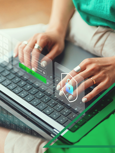 Woman sitting on the floor with her laptop. Cyber holograms on top of keyboard