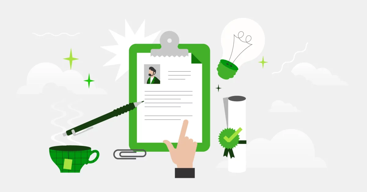 Un currículum verde entre otros objetos dispersos, que representa lo que alguien necesita para solicitar trabajo en ICCU.