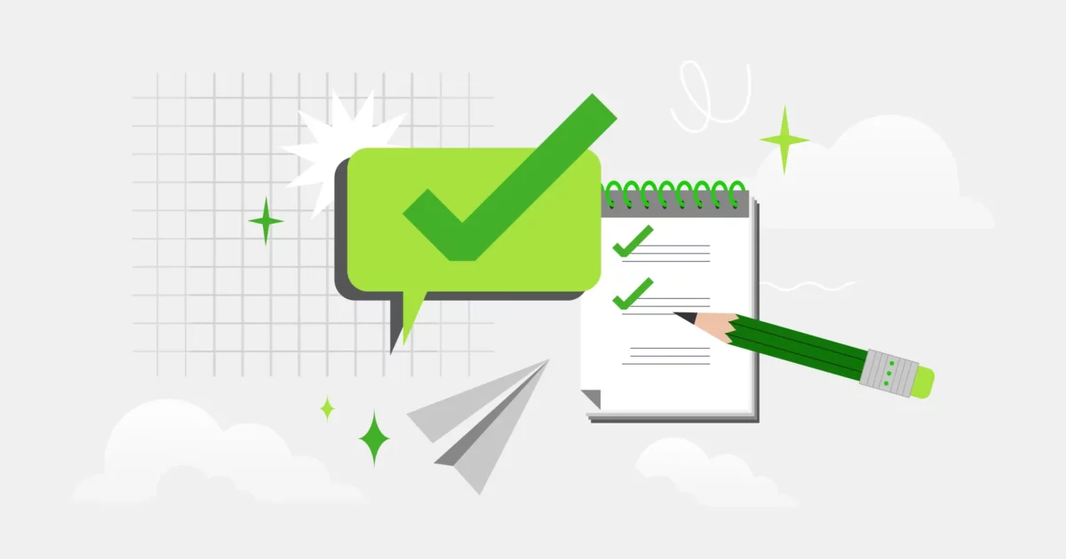 Una casilla verde, un bloc de notas y material de solicitud de resúmenes.