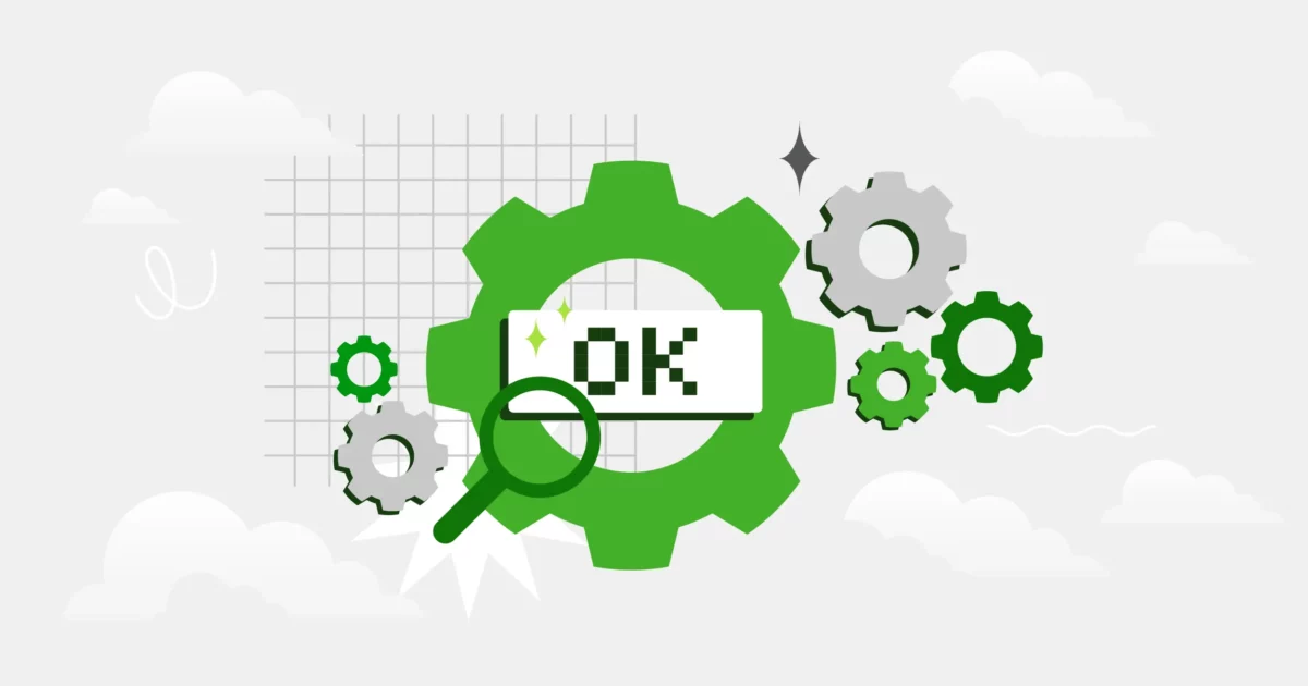 Engranajes verdes con un botón blanco "OK" que representa una comprobación de antecedentes satisfactoria durante el proceso de solicitud de la ICCU.