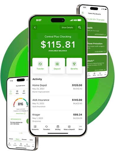 A graphic of different mobile and online banking features on the ICCU mobile app.