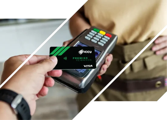A person prepares to make a contactless payment using an ICCU Premier Rewards Visa card at a payment terminal.