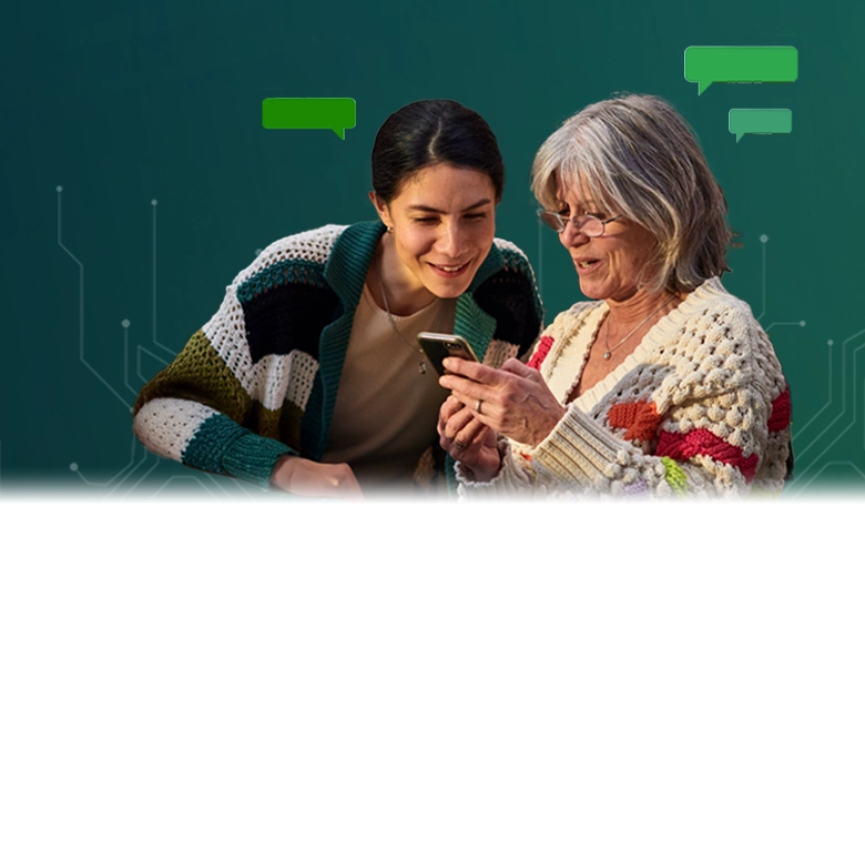 An elderly mother and her adult daughter viewing a smartphone together, with chat bubbles representing secure communication.
