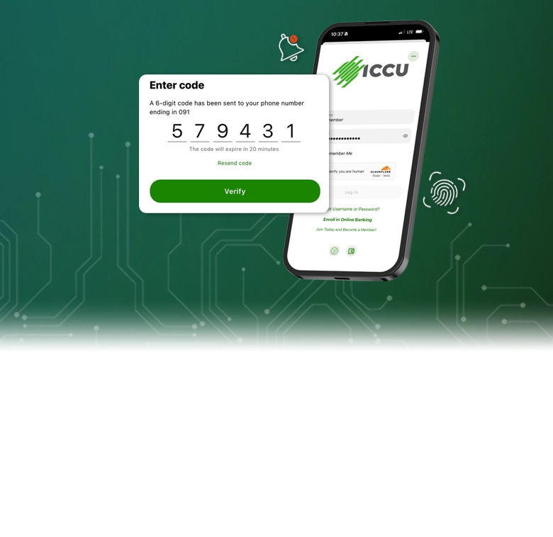 Graphic of a smartphone displaying the ICCU app login screen and a multi-factor authentication code.