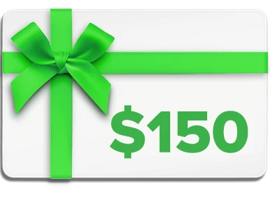 $150 gift card with a bright green ribbon and bow on a white background