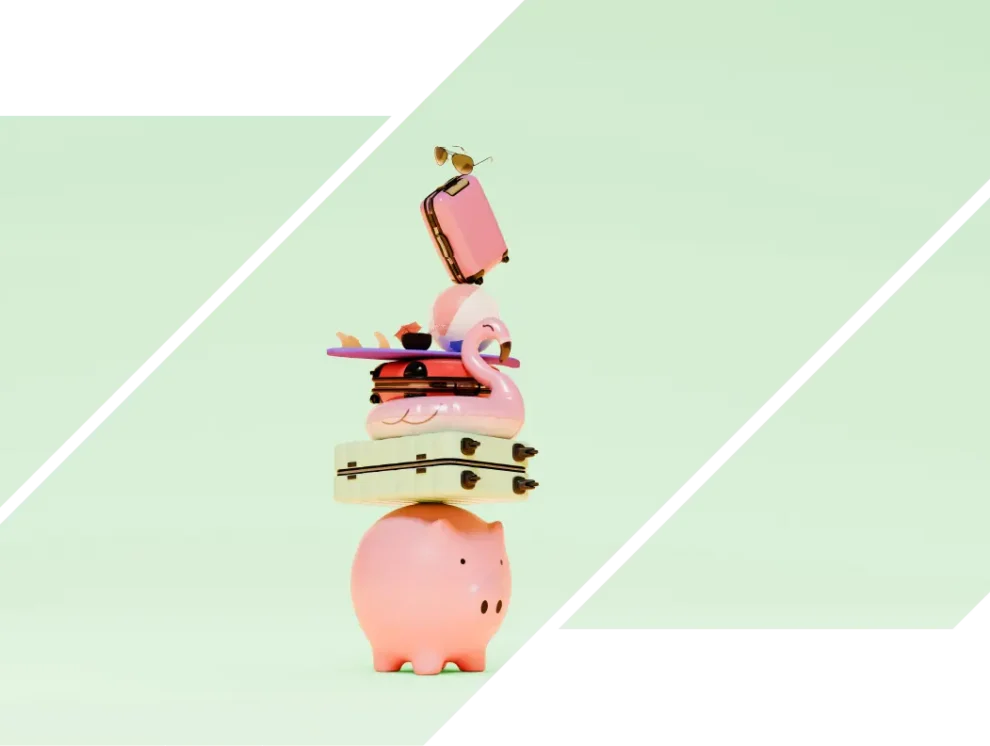 A piggy bank juggling the finances of life, including a suitcase, a pool floatie, and more.
